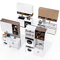 Modern Functional Bathroom Cabinet Design With White Wooden Storage Sink And Washing Machine