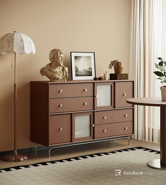 Wooden Brown Dresser With Bust Statue Framed Picture Vase And Floor Lamp 3d model 