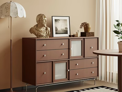 Wooden Brown Dresser With Bust Statue Framed Picture Vase And Floor Lamp 3d model
