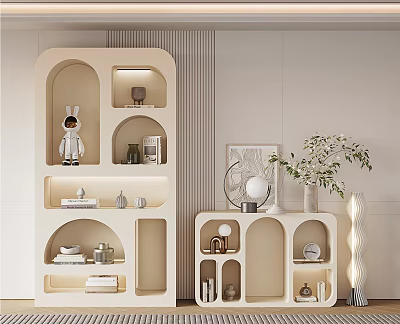 Modern Light Colored Decorative Cabinet With Various Shaped Shelves And Decorative Items 3d model