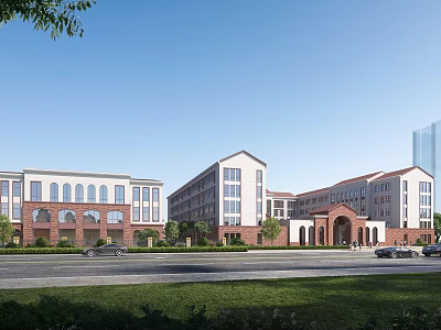 School Campus Buildings with Red Brick White Walls Lawn Road and Blue Sky 3d model
