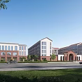 School Campus Buildings with Red Brick White Walls Lawn Road and Blue Sky