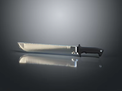 Serrated Blade Knife With Black Handle And Reflection On Smooth Black Surface 3d model