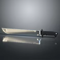 Serrated Blade Knife With Black Handle And Reflection On Smooth Black Surface