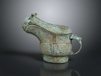 Ancient Bronze Household Utensil With Animal Head Design And Intricate Patterns 3d model