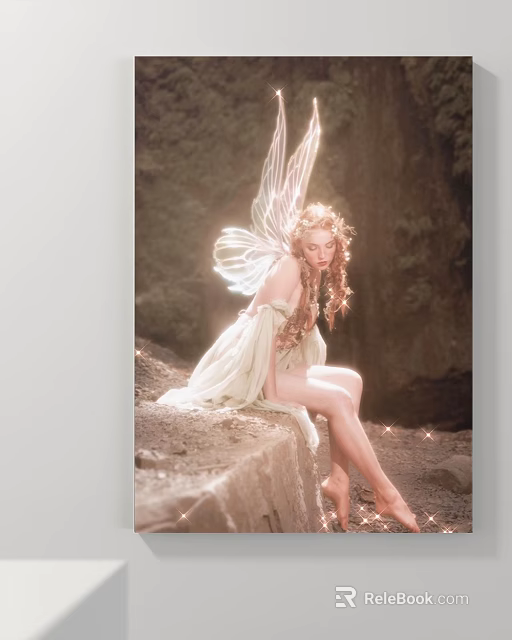 Portrait of a Fairy with Sparkling Wings Sitting on Forest Rock in Light Dress 3d model 