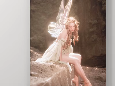 Portrait of a Fairy with Sparkling Wings Sitting on Forest Rock in Light Dress 3d model