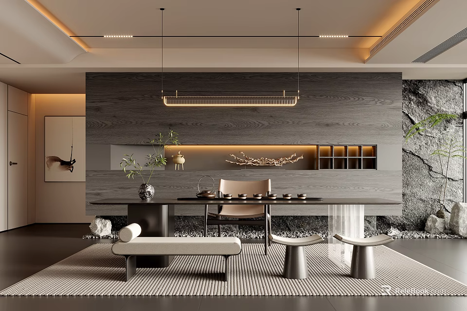 Modern Tea Room With Dark Wooden Wall Mountain Pattern Long Tea Table And Tea Sets 3d model