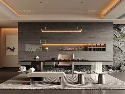 Modern Tea Room With Dark Wooden Wall Mountain Pattern Long Tea Table And Tea Sets 3d model