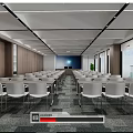 Modern Spacious Conference Room Interior With White Chairs Long Tables And Projection Screen