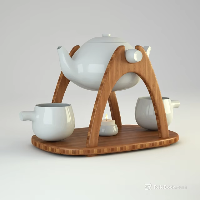 White Ceramic Tea Set with Teapot Teacups Wooden Arched Stand and Tray 3d model 