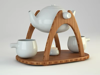 White Ceramic Tea Set with Teapot Teacups Wooden Arched Stand and Tray 3d model