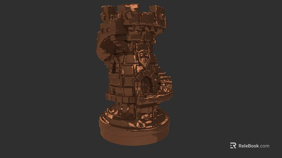 Intricate Bronze Castle Chess Rook Piece For Board Game Entertainment 3d model 