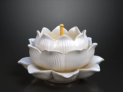 White Lotus Shaped Candle Holder With Yellow Wick On Dark Background 3d model