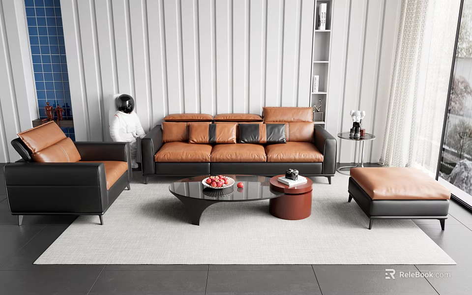 Modern Brown Leather Sofa Coffee Table Set With Ottoman Side Table and Area Rug 3d model