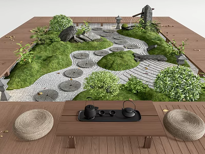Traditional Karesansui Garden With Wooden Deck Stone Path Moss Small Plants And Tea Set 3d model