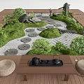 Traditional Karesansui Garden With Wooden Deck Stone Path Moss Small Plants And Tea Set