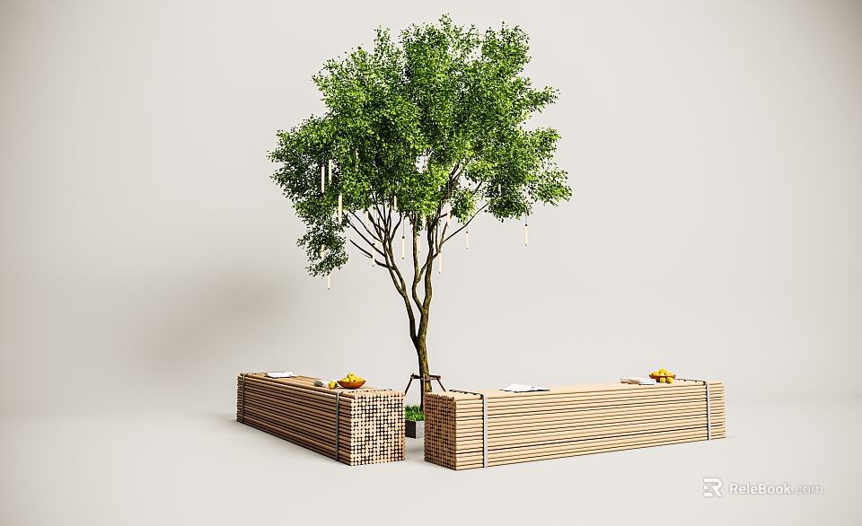 Cozy Outdoor Chairs Under Green Tree With Wooden Structure And Fresh Fruits 3d model 