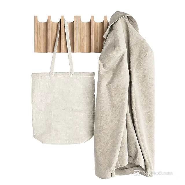 Beige Canvas Tote Bag And Coat Hanging On Wooden Hook For Daily Life Essentials 3d model 