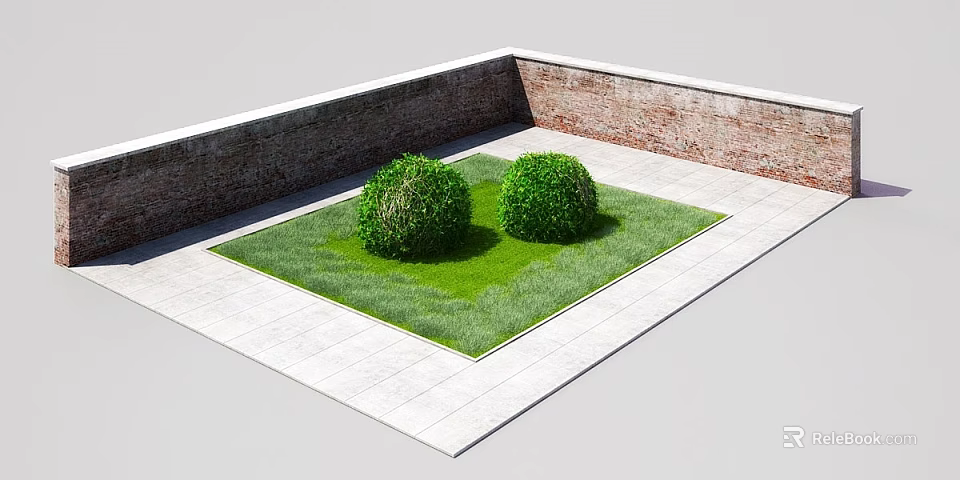 Garden Landscape With Brick Wall Square Lawn Area And Two Spherical Shrubs 3d model 