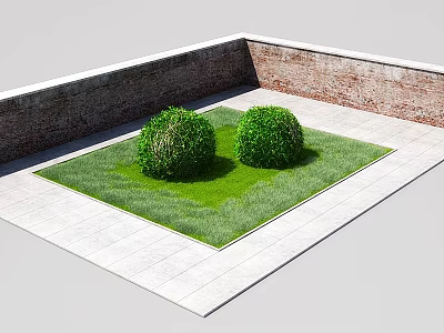 Garden Landscape With Brick Wall Square Lawn Area And Two Spherical Shrubs 3d model