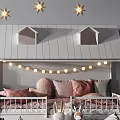 Adorable Children Bed Featuring House Shaped Headboard Star Decals String Lights And Pink Bedding