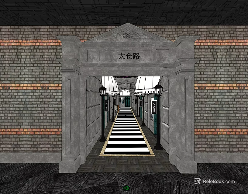 Classic KTV Entrance With Stone Archway Brick Walls And Striped Floor 3d model 