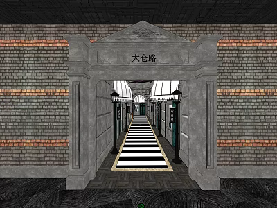 Classic KTV Entrance With Stone Archway Brick Walls And Striped Floor 3d model
