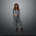 Red Haired Woman In Light Blue Crop Top Green Baggy Pants Brown Boots Gray Backdrop