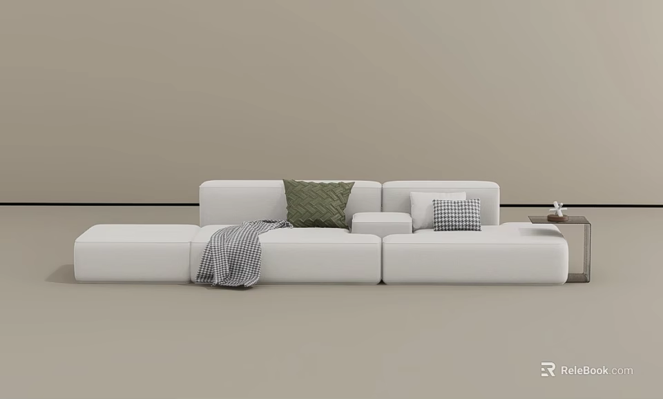 Modern White Three Seater Sofa With Green Checkered Pillows Blanket And Side Table 3d model