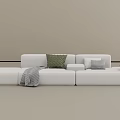 Modern White Three Seater Sofa With Green Checkered Pillows Blanket And Side Table 3d model