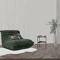 Green Bean Bag Chair On White Rug With Large Windows Striped Curtains And Herringbone Floor 3d model