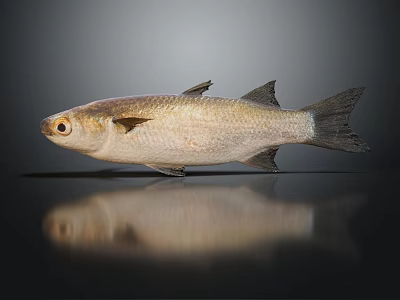 Silver Fish With Metallic Scales On Dark Surface Showing Reflection 3d model