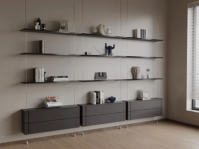 Modern Wall Shelving Setup With Black Floating Shelves Gray Cabinets And Decorative Items 3d model