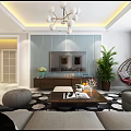 Modern Living And Dining Room Interior With Grey Sofa Geometric Rug And Chandelier
