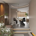 Modern Living And Dining Room Interior With Circular Pendant Light Wooden Island And Green Plant
