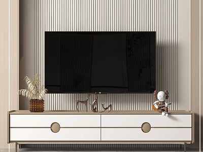 Modern TV Stand With White Drawers Round Handles Flat Screen TV And Decorative Figurines 3d model