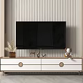 Modern TV Stand With White Drawers Round Handles Flat Screen TV And Decorative Figurines