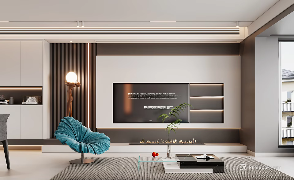 Modern Living Dining Room Interior With Blue Chair TV Wall Coffee Table And Potted Plant 3d model 