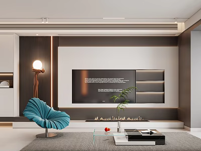 Modern Living Dining Room Interior With Blue Chair TV Wall Coffee Table And Potted Plant 3d model