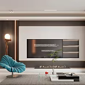 Modern Living Dining Room Interior With Blue Chair TV Wall Coffee Table And Potted Plant
