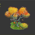 Cartoon Scene With Vibrant Tree Yellow Orange Leaves Green Grass And Red Details