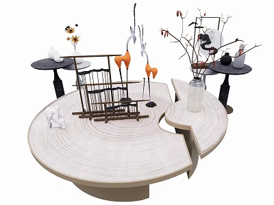 Modern Round Wooden Coffee Table With Metal Decor Orange Vases And Side Tables 3d model