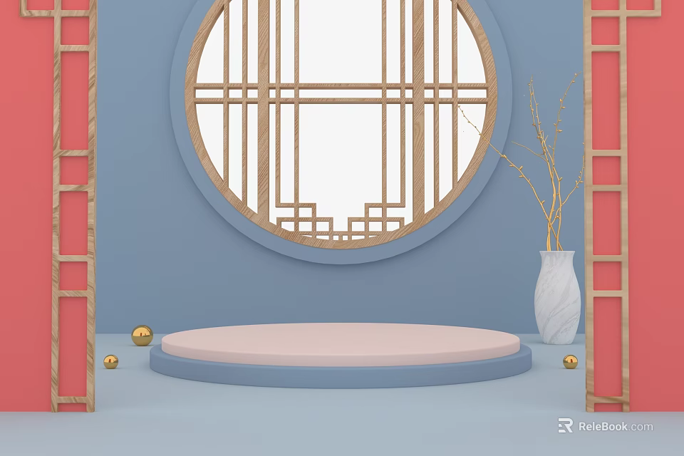 Chinese Style Decorative Display With Circular Window Lattice Blue Background Pink Platform And White Vase 3d model 