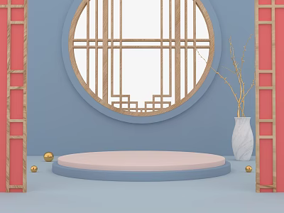 Chinese Style Decorative Display With Circular Window Lattice Blue Background Pink Platform And White Vase 3d model