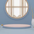 Chinese Style Decorative Display With Circular Window Lattice Blue Background Pink Platform And White Vase