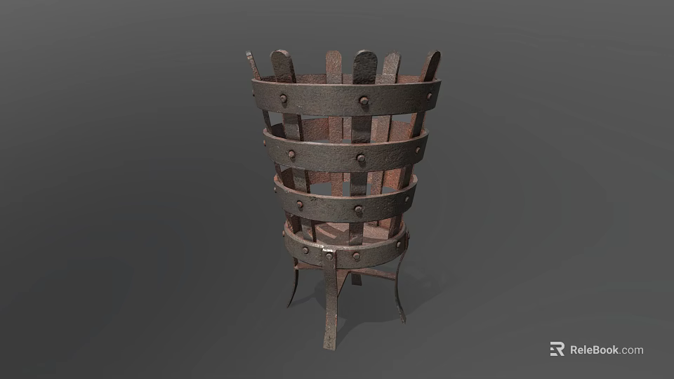 Vintage Industrial Equipment Vessel With Iron Hoops Wooden Slats And Stand Base 3d model 