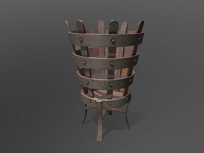 Vintage Industrial Equipment Vessel With Iron Hoops Wooden Slats And Stand Base 3d model