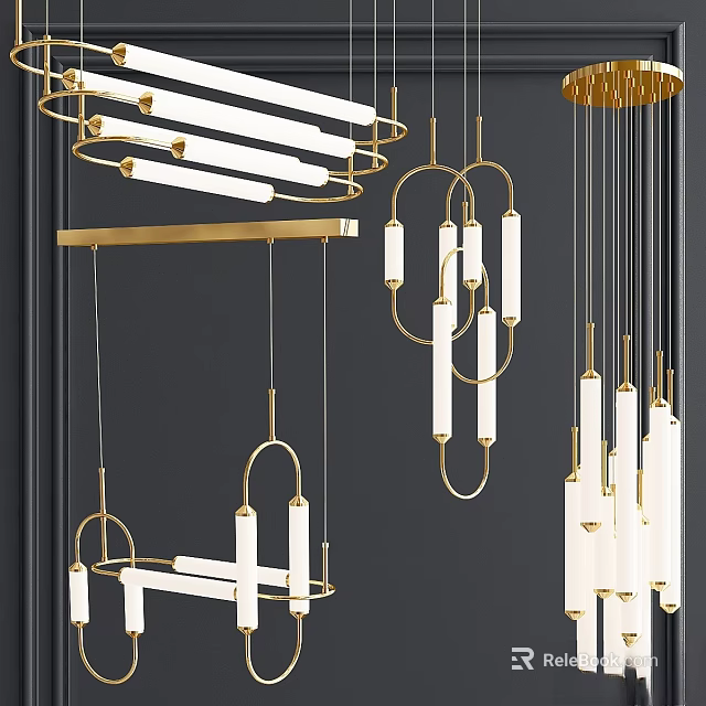 Modern Geometric Chandeliers With Brass Frames Linear Tubes And White Shades 3d model