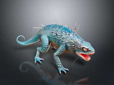 Game And Movie Character Blue Spiky Lizard With Open Mouth And Sharp Claws 3d model